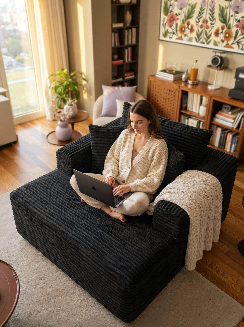 A woman working on a laptop while sitting in a soft convertible chair in a sunlit, cozy studio apartment.